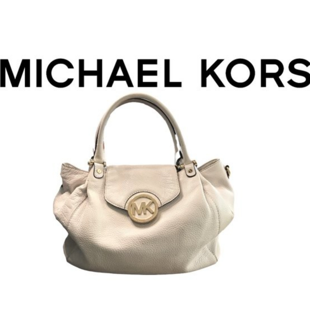 MICHAEL KORS SLOUCHY OFF-WHITE SATCHEL GOLD LOGO LARGE PEBBLED LEATHER